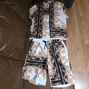 SHEIN Baroque Print Two-Piece Set in Black, White & Gold